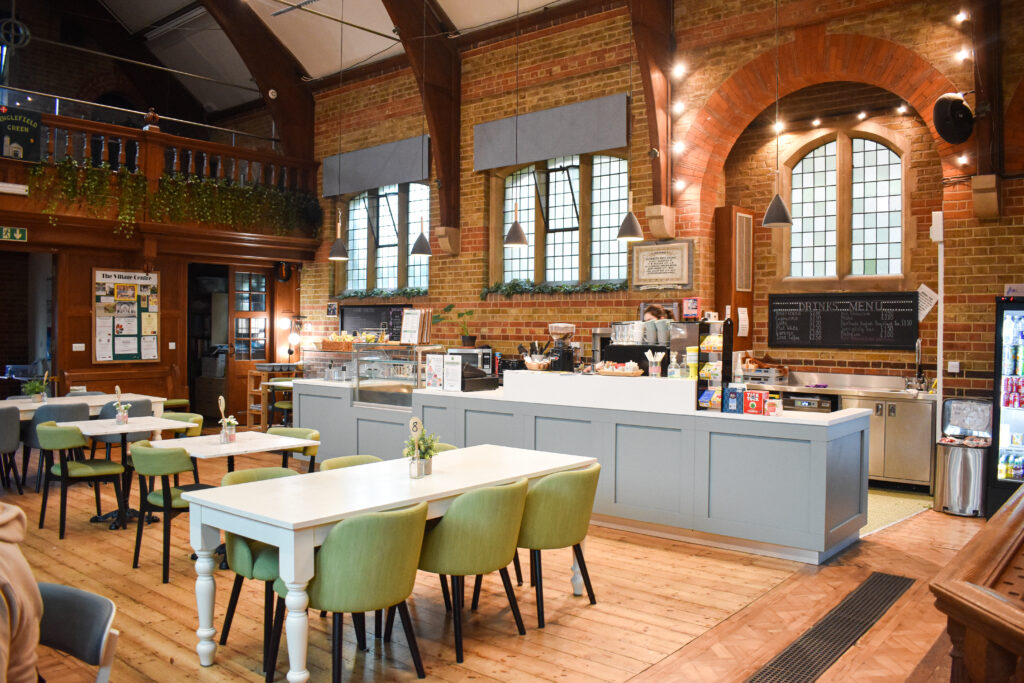 image of a church cafe with blue and green